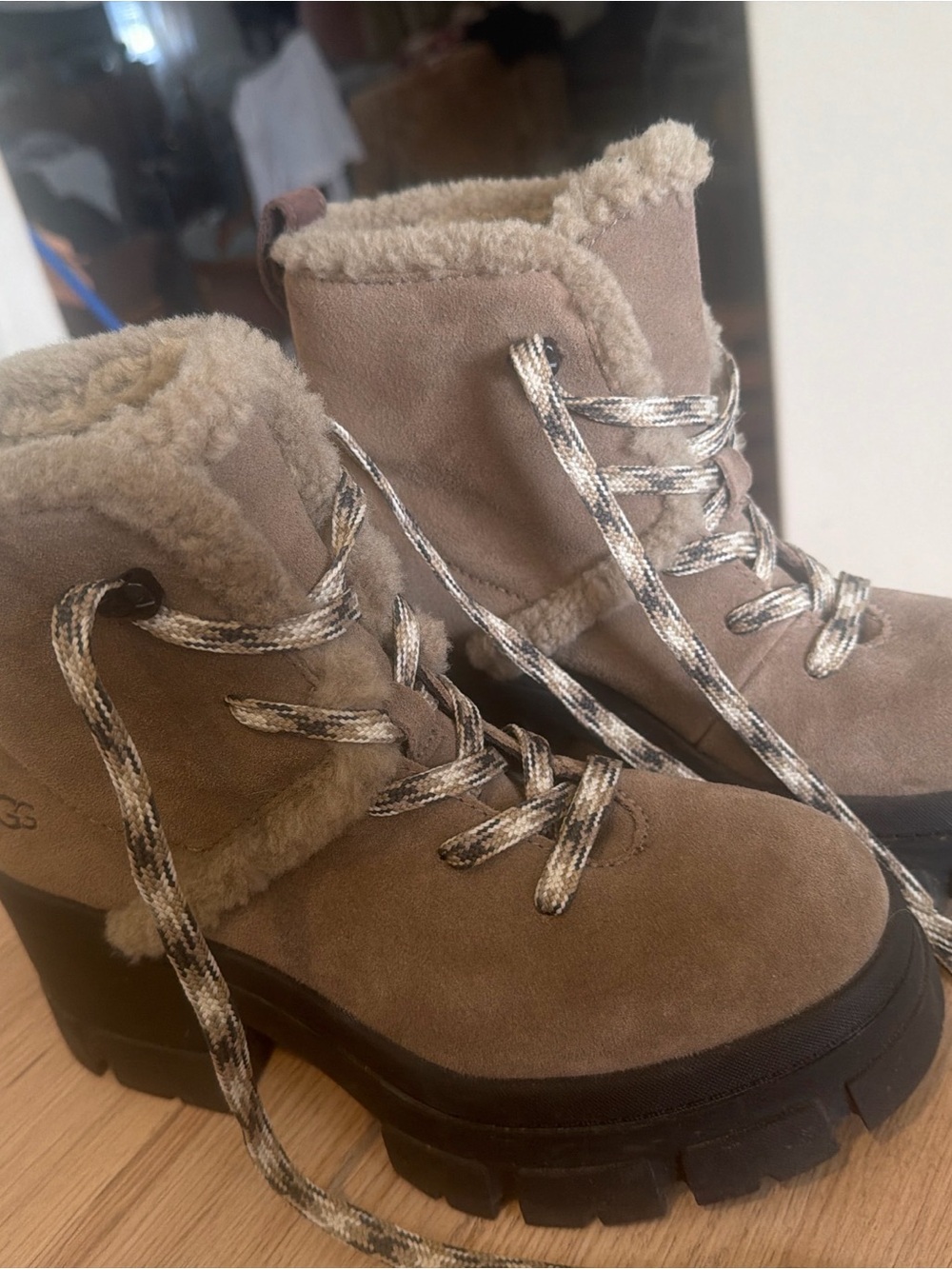 UGG Taupe Suede Shearling-Trim Lace-Up Brooklyn Hiker Winter Boots